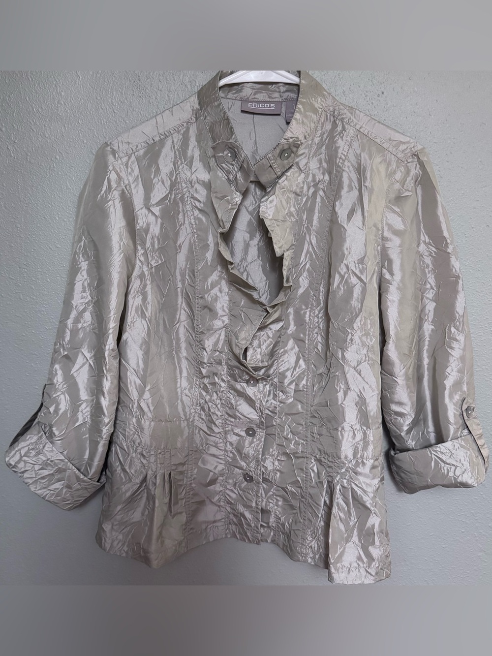 Chico's Shimmery Silver Ruffle-Front Women's Lightweight Jacket